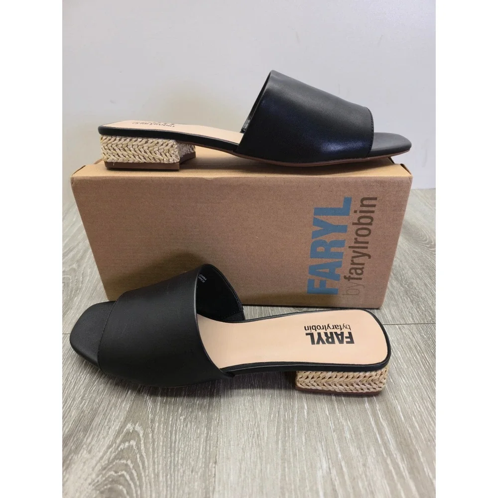Faryl by Farylrobin Dahlia Black Leather Square Toe Raffia Block Heel Sandals 9M